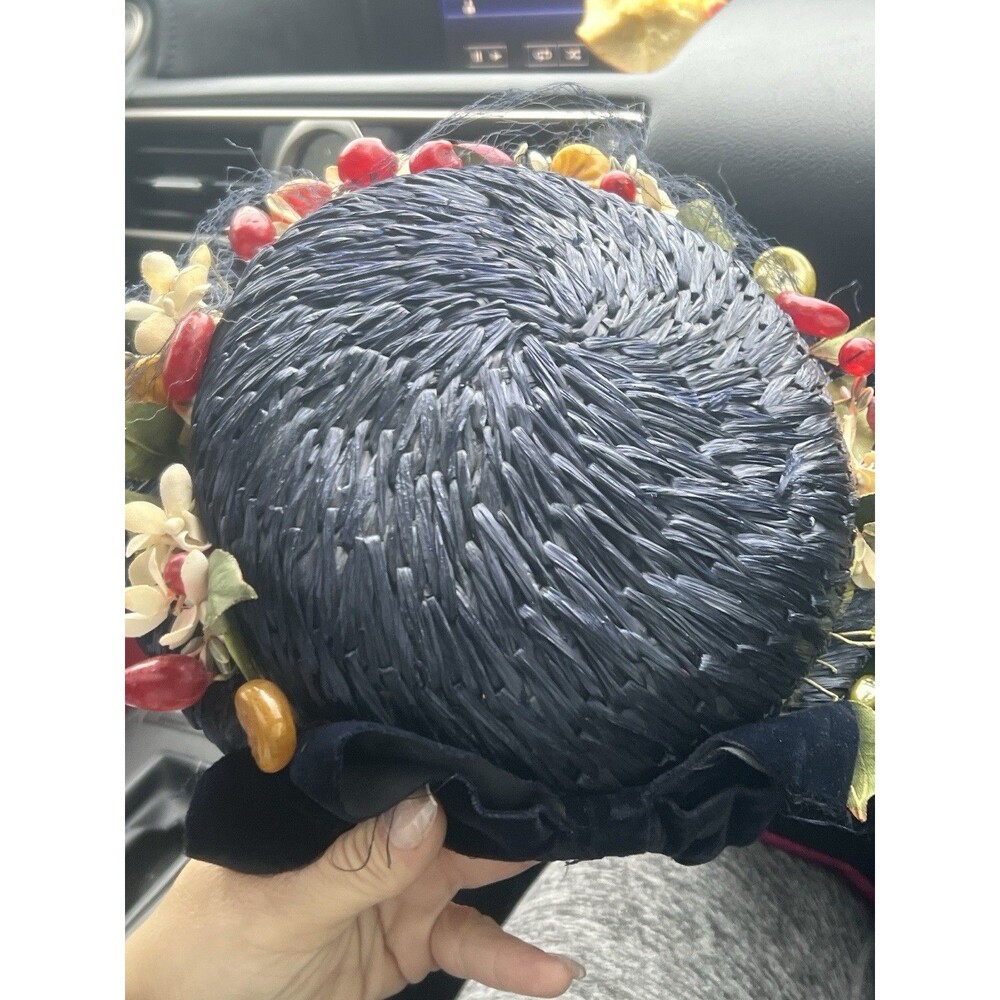 Christine Original New York Park Ave. Navy Blue Straw Velvet Hat